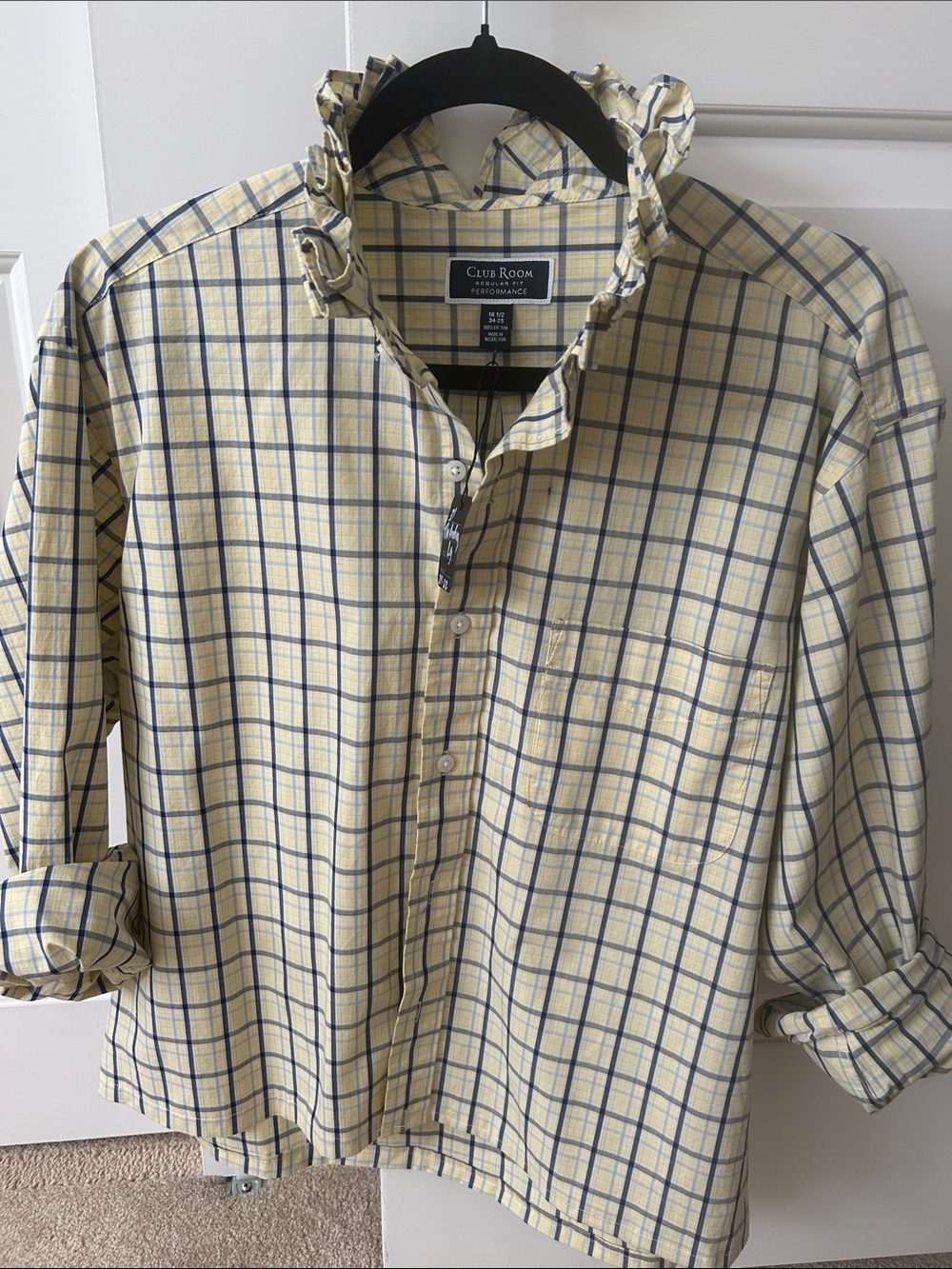 Ruffled collar Club Room Yellow Plaid Button-Down Shirt with Blue Checks